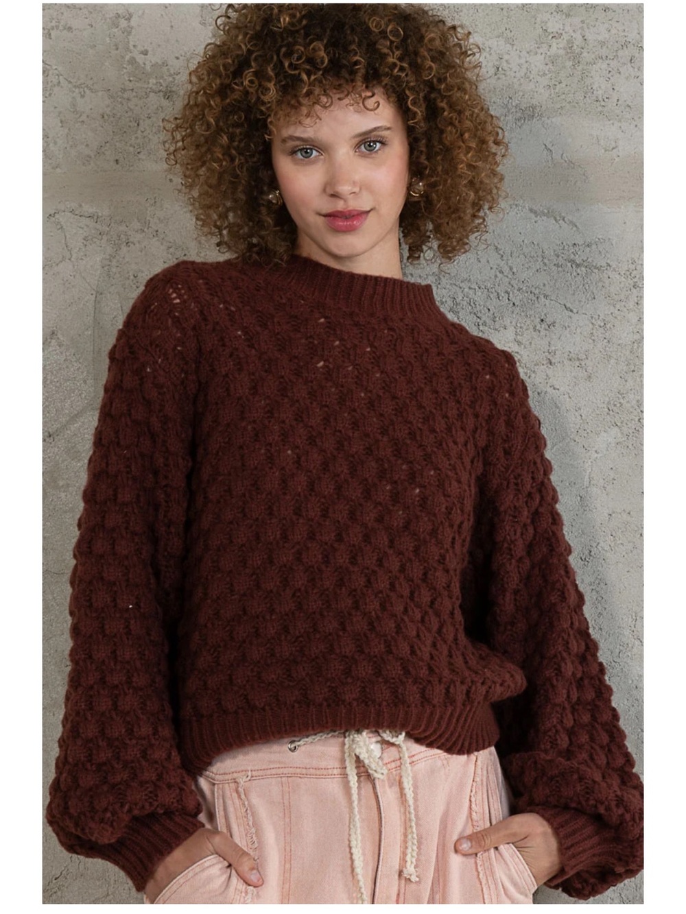 POL 3-D Bobble Knit Red Bean Balloon Sleeve Mock Neck Cozy Chunky Sweater Sz S